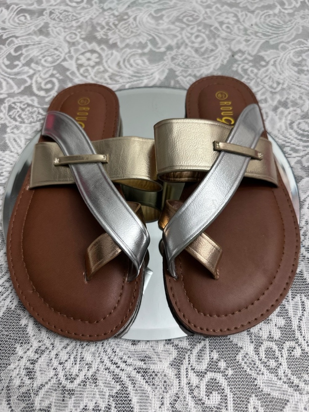 Rouge Helium Gold & Silver Slide Sandals Size 6.5 New